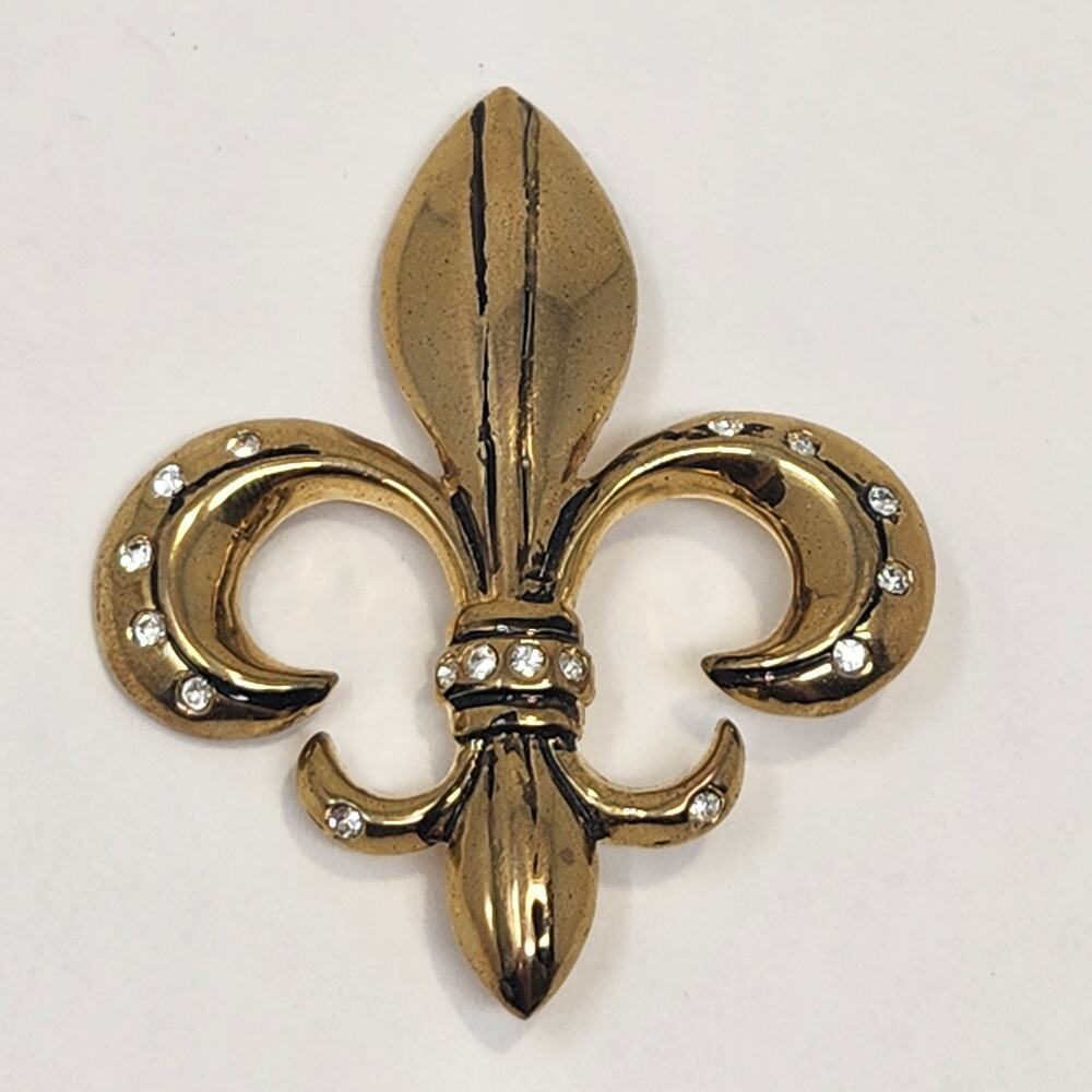 Fleur De Lis Gold Tone Clear Rhinestone Brooch Pin New Orleans Fashion Jewelry